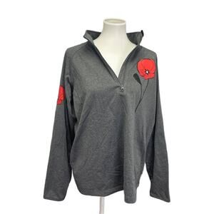 Hand Printed Upcycled Womens Medium Red Poppy Flower Half Zip Hoodie Jacket